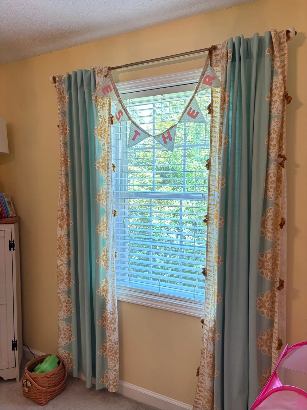 2 Anthropologie Curtain Panels - Tiya - Mint and Mustard with tassels